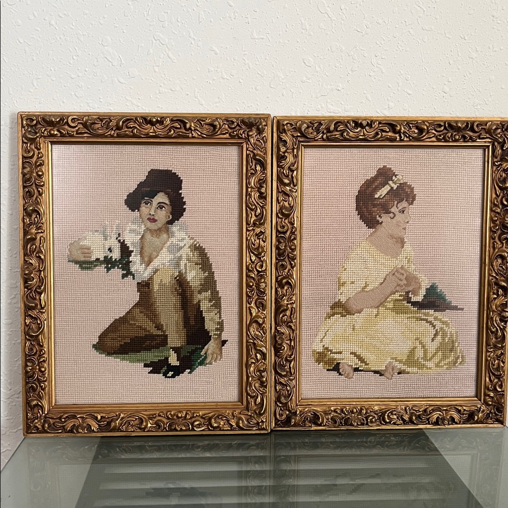 2- Vintage needlepoint  Boy with Rabbit and Age of Innocence by Henry Raeburn